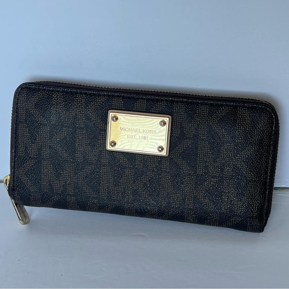 Michael Kors Dark Brown Signature Monogram Grained Canvas Leather Zip Wallet